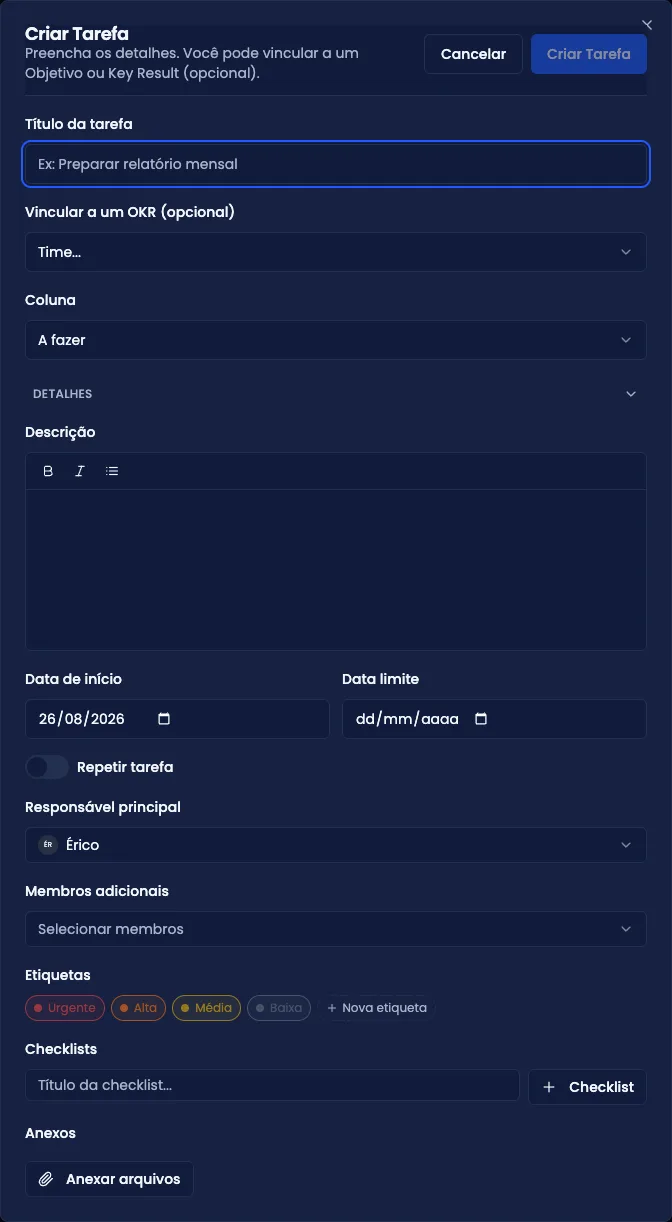 Diálogo de nova tarefa, com título, vínculo com OKR, coluna, descrição, datas e recorrência