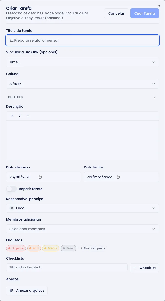 Diálogo de nova tarefa, com título, vínculo com OKR, coluna, descrição, datas e recorrência