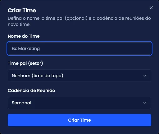 Diálogo de criação de time, com nome, time pai e membros