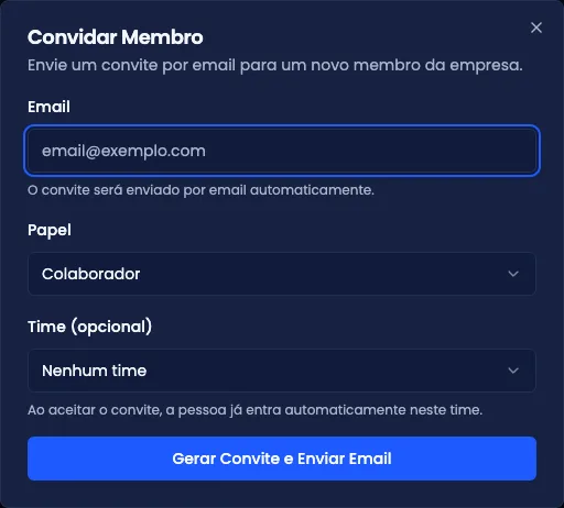 Diálogo de convite, com campo de e-mails e escolha do papel