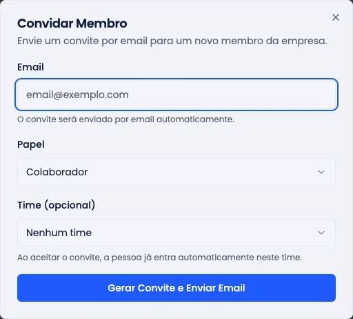 Diálogo de convite, com campo de e-mails e escolha do papel