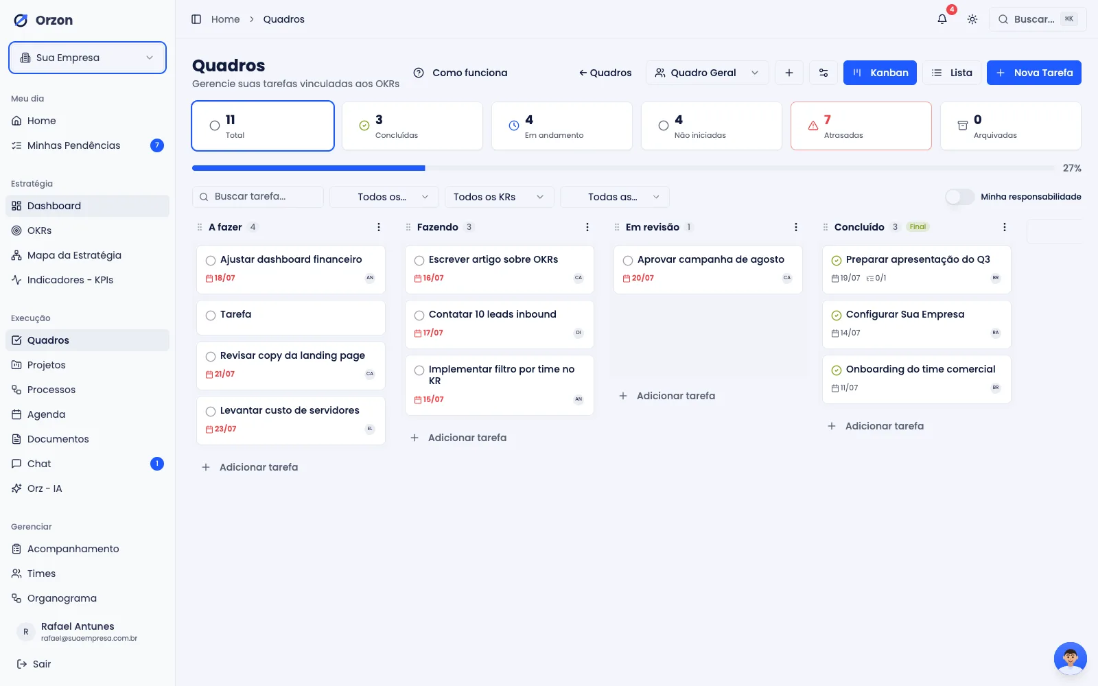 Quadro Kanban de tarefas vinculadas aos OKRs no Orzon